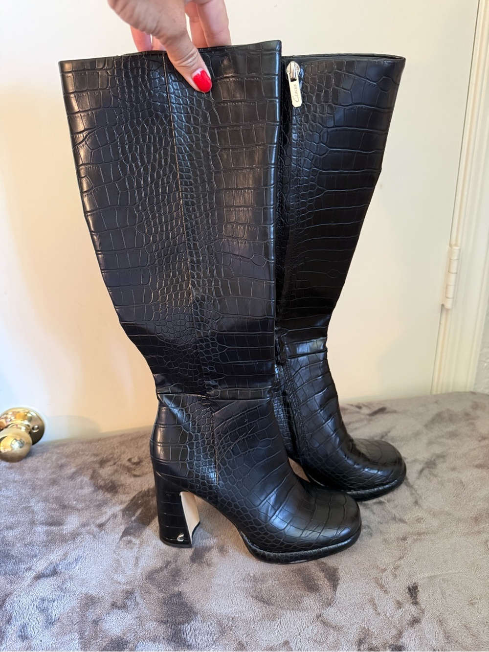Circus by Sam Edelman Black Croc Embossed Platform Block Heel Boots